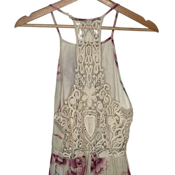 L'Atiste I Cream Pink Floral Crochet Back Boho Romantic Sleeveless Romper I M - Picture 3 of 5
